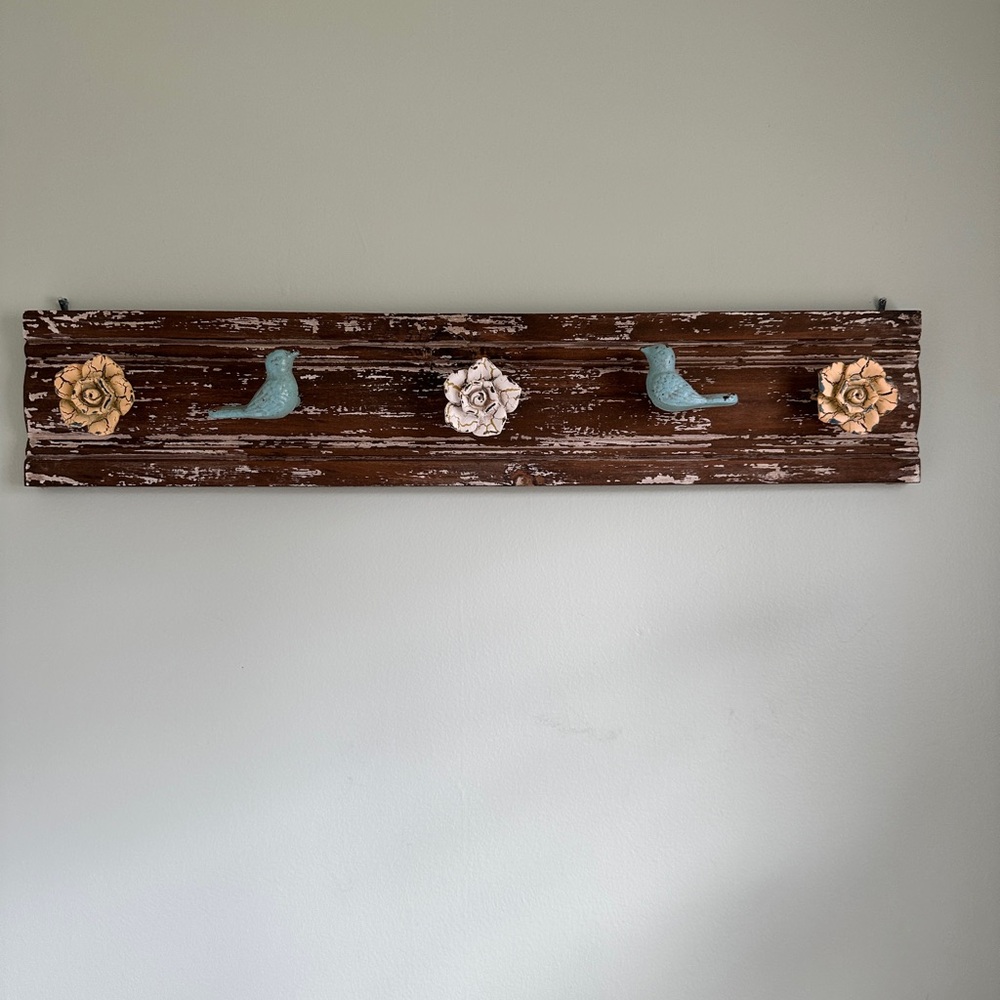 Rustic Brown and Blue Wall Decor with Birds and Flowers